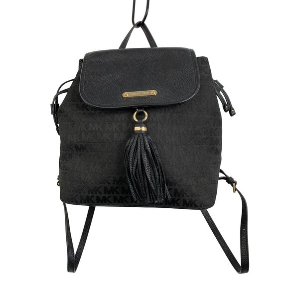 Michael Kors Bedford Black Signature Backpack Canvas Leather Tassel & Gold Hardw - Picture 1 of 8